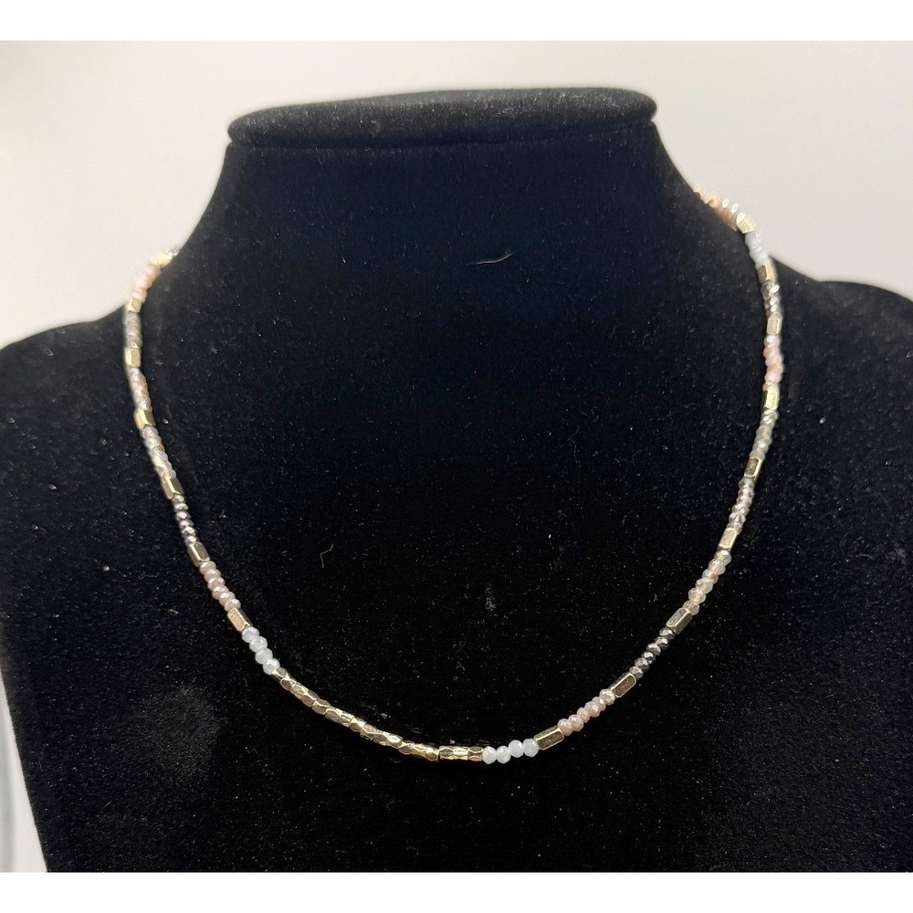 Gold‎ Tone Pink Gray Faceted Bead Necklace 12-15" Choker